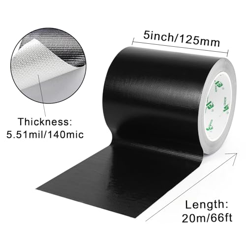 BOMEI PACK Adhesive Black Aluminum Foil Heat Shield Tape Barrier 5in x 66ft, Fiberglass Thermal Insulation Reflective Material High Temp Protection 1 Pack - size: 5inch x 66ft