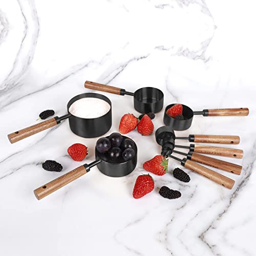 8-Piece Stainless Steel Measuring Cups and Spoons, Acacia Handles, Black - color: Black
