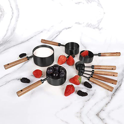 8-Piece Stainless Steel Measuring Cups and Spoons, Acacia Handles, Black - color: Black