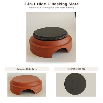 Ceramic Reptile Hide with Removable Slate Basking Platform, Humid Hide Cave for Leopard Gecko, Small Lizards, Snakes & Terrariums