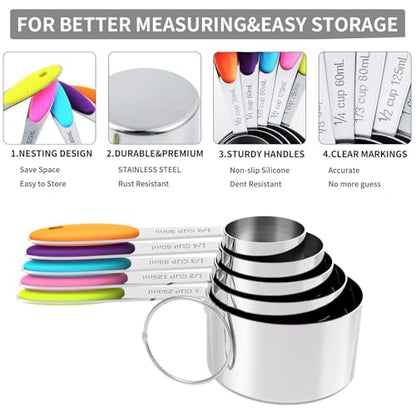 Nesting Measuring Cups and Spoons Set, Stainless Steel with Soft Silicone Handle – Heavy Duty & Dishwasher Safe for Measuring Dry/Liquid Ingredients, Ideal for Cooking & Baking (10)