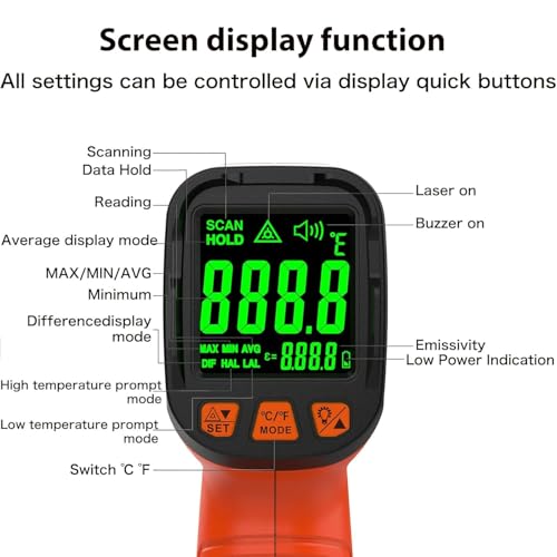 -58°F to 1796°F Infrared Thermometer Gun,Professional 50:1 | Ideal for HVAC, Engines & Equipment Inspection • 13-Point Laser Guidance • Fast 0.5s Response - color: Orange/-58°F to 1796°F