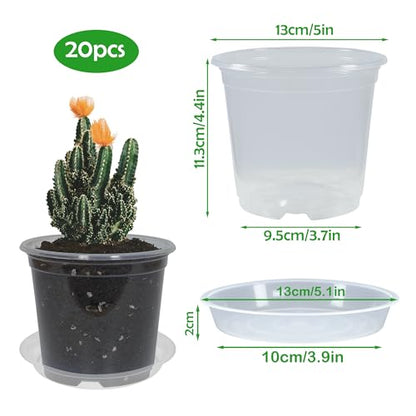 20 Pack 5 Inch Clear Nursery Pots with Drainage and 20 Pack Plant Saucers, Plant Pots for Plants Transparent Potting Containers for Plants Seeding Starter Pot (Clear, 5 Inch) - size: 5 Inch