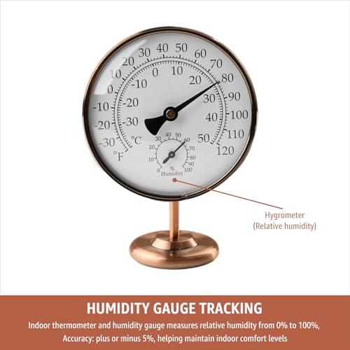 4" Indoor Thermometer & Humidity Gauge, Brass Dial with Stand | Room Analog Temperature & Humidity Monitor, Dual Scale Display, Battery-Free For House Home Desk Bedroom Garage RV