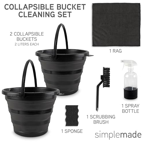 SIMPLEMADE Collapsible Bucket Cleaning Set - Includes 2 Foldable Buckets, Spray Bottle, Rag, Scrubbing Brush and Sponge - Holds Up to 10 liters, Easy Storage, All-Purpose Cleaning Solution - color: Black