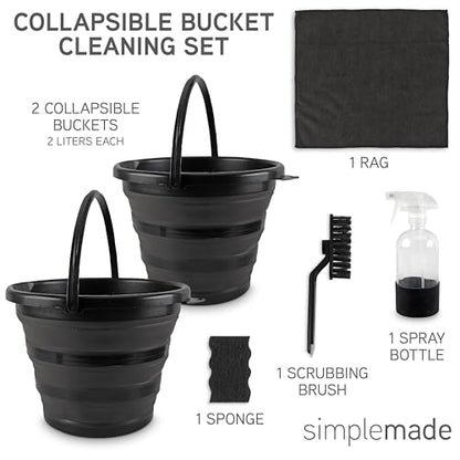 SIMPLEMADE Collapsible Bucket Cleaning Set - Includes 2 Foldable Buckets, Spray Bottle, Rag, Scrubbing Brush and Sponge - Holds Up to 10 liters, Easy Storage, All-Purpose Cleaning Solution - color: Black