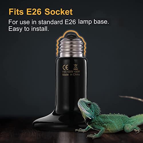 Simple Deluxe Reptile Heat Lamp 100W Ceramic Heating Light Bulb Heat-Emitter Brooder Coop Heater No Light, for Amphibian Pet & Incubating Chicken, 90mm Diameter,Black