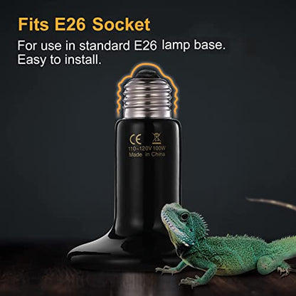Simple Deluxe Reptile Heat Lamp 100W Ceramic Heating Light Bulb Heat-Emitter Brooder Coop Heater No Light, for Amphibian Pet & Incubating Chicken, 90mm Diameter,Black