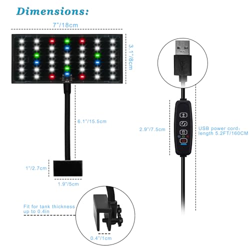 Clip On Aquarium Light with Timer for 3 to 8 Gal Fish Tank (Dimmable Full Spectrum LED) USB Moving Lamp for Open Terrarium (Adapter NOT Included), Black, DM-USBLIGHT+T02