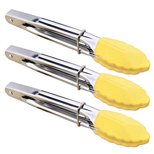 HINMAY 7-Inch Mini Tongs with Silicone Tips, Set of 3 (Yellow) | 7-Inch Small Serving Tongs - color: Yellow