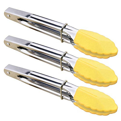 HINMAY 7-Inch Mini Tongs with Silicone Tips, Set of 3 (Yellow) | 7-Inch Small Serving Tongs - color: Yellow