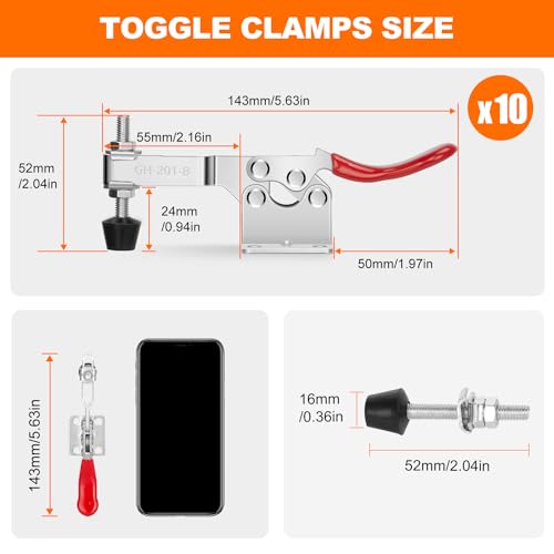 10 Pack Toggle Clamps, Hold Down Clamp 220Lbs Holding Capacity Quick Release Horizontal Clamps with Rubber Pressure Tip for Woodworking Jigs and Fixtures, Welding, Drill Press, Crosscut Sled - size: 10Pack-201B