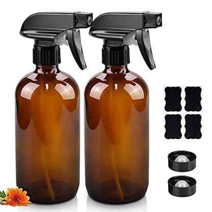 Worldgsb Glass Spray Bottles, 16oz Refillable Containers, Empty Boston Round Bottles with Labels & Adjustable Nozzle for Cleaning, Gardening, Aromatherapy, Pets, Plant, Hair -Amber (2 Pack) - color: Amber, style: 2 Pack