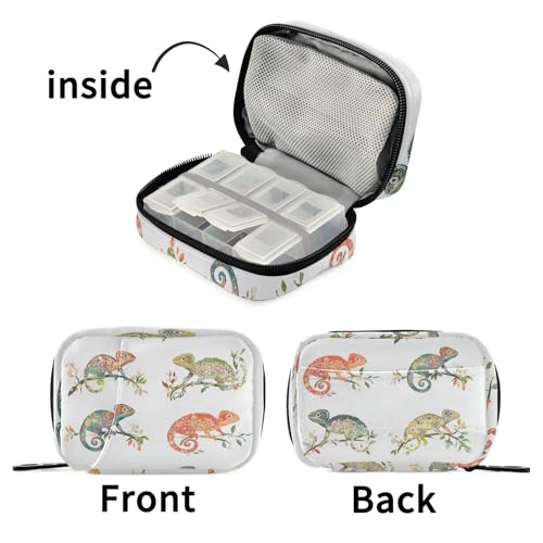 Funny Chameleon Reptile White Pill Bags for Travel Reusable with Detachable Compartments Portable Pill Organizer 2 Times a Day for Purse