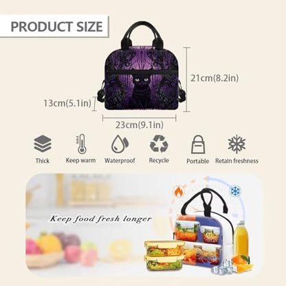 Black Cat Lunch Bag for Kids Girl 4-6 6-8 8-10 Insulated Lunch Box Reusable Lunch Cooler Bags Lunch Tote Handbag Meal Prep Organizer Work School Travel Picnic, Halloween Gifts - color: Black Cat