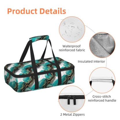 Hot Cold Food Carrier Tote Abstract Turquoise Print | Abstract Black White Green Turquoise Marble, Insulated Single Carrier with Handles Zipper Fits 9x13 Baking Dish Picnic - color: Pattern (768)
