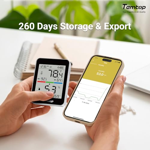 Temtop T1 Bluetooth Indoor Thermometer Hygrometer for Room Temperature | Humidity Notification Alerts, Data Export, Digital Gauge for Home, Office, Greenhouse, Garage, Nursery, Gift - size: Basic Edition