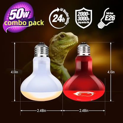 Leoterra 50w Reptile Basking Light Red Infrared Night Heat Lamp （Combo Pack） for Reptile Tanks,Reptiles,Turtle,Bearded Dargon,Lizard,Snakes Use Heat Bulb - style: H6350 Combo Pack