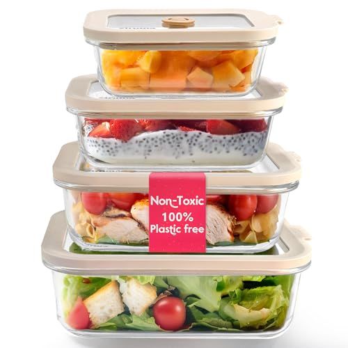 Non-Toxic Glass Food Containers with Lids, 4-Pack, Multi-Size, Beige | Plastic & BPA free. Glass body, glass lid & platinum silicone seal. Airtight & leakproof. Freezer & microwave safe. - color: Beige, size: Multi Size