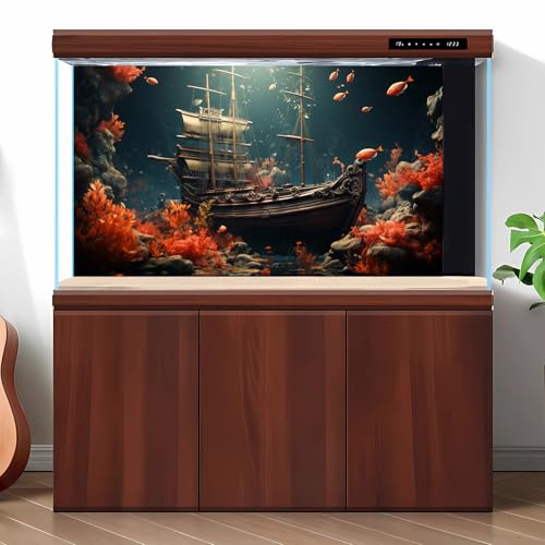 Pirate Shipwreck Aquarium Background Under The Sea Coral Reefs Fish Tank Background Underwater Sunken Ship Landscape Terrarium Background Tropical Sea Marine Life Aquarium Tank Background 48x20in - color: Red, size: 48(W)x20(H)inches/ 120(W)*50cm(H)