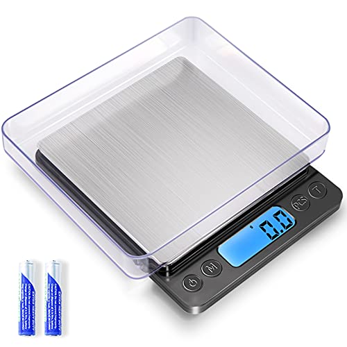 Digital Food Kitchen Scale Upgraded, YONCON 3000g/0.1g High Accuracy Mini Pocket Scale Measures in Grams and oz for Cooking, Baking, Jewelry, Tare Function,2 Trays, LCD Display (Batteries Included) - color: Black
