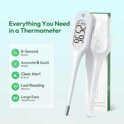 8 Seconds Basal Thermometer for Adult & Kids, Accurate & Safe Thermometer | Fever Alarm and Memory Recall, Oral, Ovulation or Underarm Use