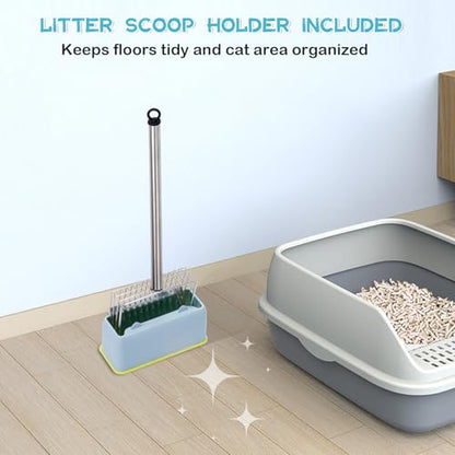 Metal Cat Litter Scoop with Holder Stainless Steel Kitten Poop Scooper, 17.5" Heavy Duty Pet Poop Sifter for Cat Box, Long Handle Large Waste Shovel, Fast Sifting Big Clumps, Solid & Durable