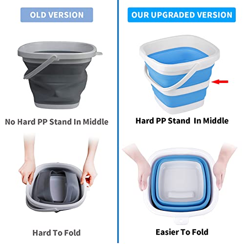 2 Pack Collapsible Buckets 5L 1.3Gallon Small Cleaning Bucket for Household Portable Plastic Bucket Outdoor Car Washing Tub Foldable Camping Beach Sand Water Pot Pail Space Saving Square Grey and Blue - color: Grey+blue