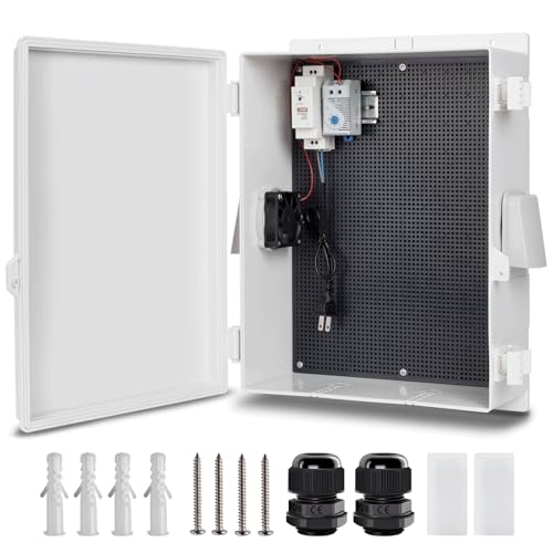 Namunanee Outdoor Electrical Box with Thermostat and Fan, ABS Water Resistant Enclosure with Internal Mounting Panel & Hinged Cover,16" H* 12" L* 5.9" W Plug & Play. - size: 16"H x 12"L x 5.9"W & Thermostat
