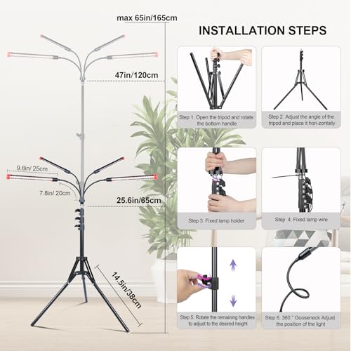 4Head Grow Light with Stand for Tall Indoor Plants, Bonsai Tree, Bright Full Spectrum Plant Growing Lamps, 4/8/12/16/20H Timer, 36 Watt Power Draw, NO Need Adapter, 360° Gooseneck - size: Stand-4Head-36W