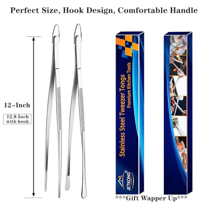 JETKONG 2 Pcs 12-Inch Kitchen Tweezers Fine Tweezer Tongs, Extra-Long Stainless Steel Cooking Tweezers (Silver) - color: Silver, size: 12+12 Inch