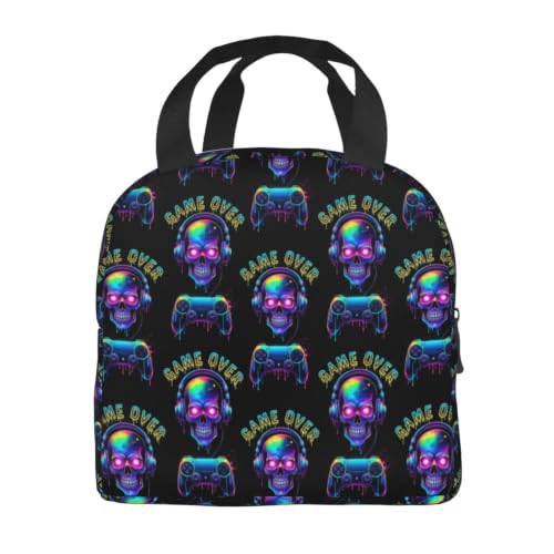 Women Skull Video Print Insulated Lunch Box Tote | Skull Video Game Over Print, Neoprene Hot & Cold Thermal Bag, Adjustable Strap for Hiking & Commute - color: Pattern (869)