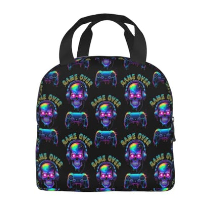 Women Skull Video Print Insulated Lunch Box Tote | Skull Video Game Over Print, Neoprene Hot & Cold Thermal Bag, Adjustable Strap for Hiking & Commute - color: Pattern (869)
