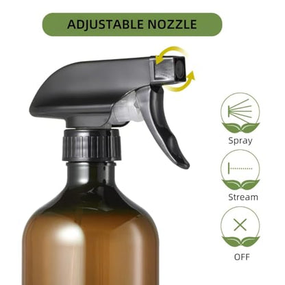 Spray Bottles– 16.9oz/500ml Refillable & Durable Fine Mist Plastic Sprayers with Adjustable Nozzle for Hair Care, Essential Oils, Cleaning, Gardening – Amber Empty Water Bottles （Amber/2-Pack ）