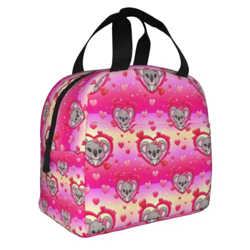 Men Koala Heart Print Insulated Lunch Tote Thermal | Koala Pink Heart, Oxford Insulated Lunch Bag, Adjustable Strap, Large Capacity for Outdoor & Camping - color: Pattern (843)