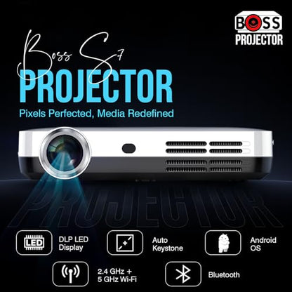 4K S7 Projector with Wi-Fi and Bluetooth, 3840 X 2160 Resolution, 7000 Lumens, Actual 3D, LED DLP Display, Ceiling/Floor Mount, HDMI for TV, Laptop, Mobile, 2GB RAM 32GB ROM