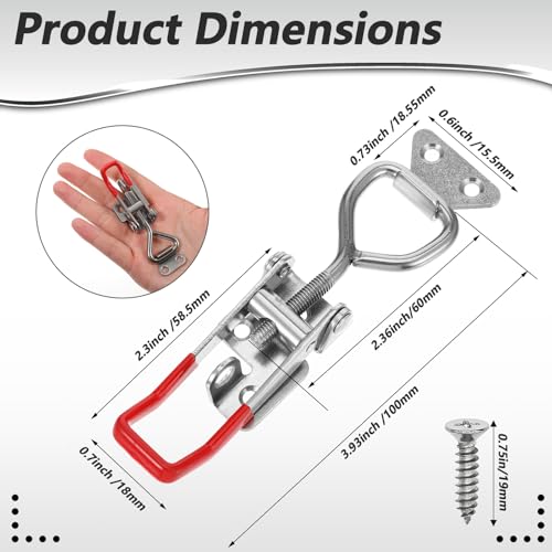 6 Pack 4001 Toggle Latch Clamp with Lock Hole, 304 Stainless Steel Adjustable Quick Release Pull Latch for Smoker, Toolbox, Cabinet – 330Lbs Holding Capacity, Silver & Red Handle, Includes Screws