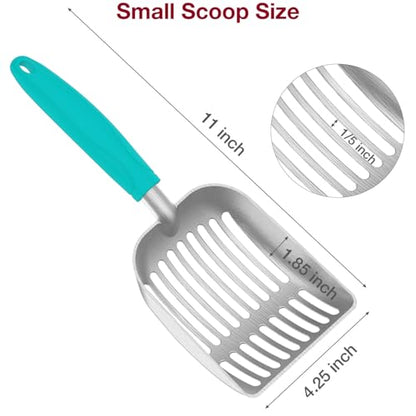 Cat Litter Scoop, Kitty Metal Scooper, Aluminum Alloy Sifter, Kitten Pooper Lifter, Deep Shovel, Long Handle, Poop Sifting, Durable, Heavy Duty, for Litter Box - color: Flat Aluminum-Aqua Handle, size: Small