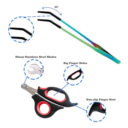 2-Pack Professional Reptile Nail Clippers&Stainless Steel Reptile Feeding Tongs Suitable for Small Animals Such as Cats, Birds, Hamsters, Rabbits, Hedgehogs, Ferrets, Chinchillas, Guinea Pigs，Etc