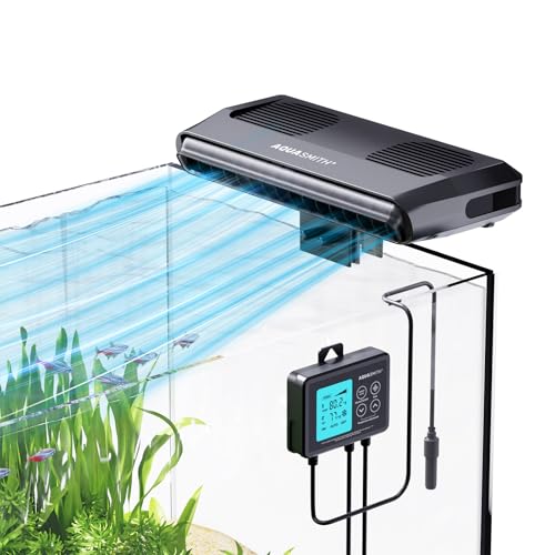 AQUASMITH Aquarium Chiller Fan,Fish Tank Cooler with Temperature Control,Minimum Setting 59℉,Auto Start/Stop,Refrigeration Effect 3-7℉,3-Speed Modes,for Axolotl Seawater Freshwater Coral Grass Tank