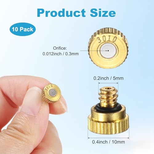 M METERXITY 10-Pack Brass Misting Nozzles, 0.012inch/0.3mm Orifice Heavy Duty 10/24 UNC Screw Thread Misting Nozzle Plug for Outdoor Spray Cooling System/Patio Mist System/Dust Control - size: 0.012inch/0.3mm
