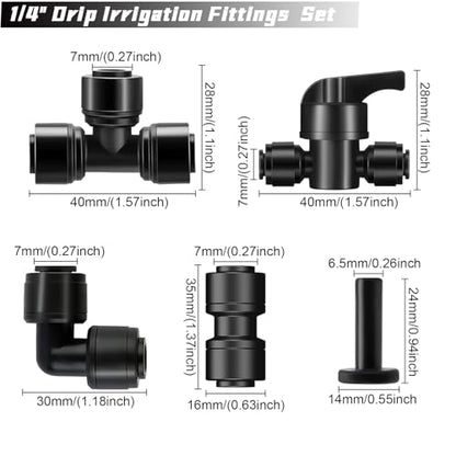 45 Pack Quick Connect 1/4" Drip Tubing Irrigation Fittings Kit Universal 1/4'' Drip Irrigation Tubing Connectors Leak Free Fitting Set Includes 10 Tee 10 Coupling 10 Elbow 10 End Cap 5 Shut Off Valve - size: 45PCS 1/4" Connector Fittings Kit