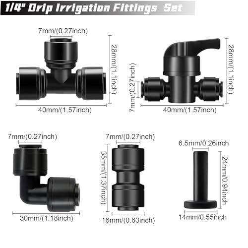 45 Pack Quick Connect 1/4" Drip Tubing Irrigation Fittings Kit Universal 1/4'' Drip Irrigation Tubing Connectors Leak Free Fitting Set Includes 10 Tee 10 Coupling 10 Elbow 10 End Cap 5 Shut Off Valve - size: 45PCS 1/4" Connector Fittings Kit