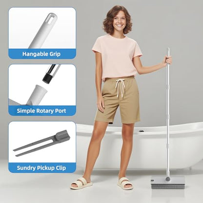 Floor Scrub Brush with Long Handle, 3 in 1 Scrape and Heavy-Duty Stiff Bristle Floor Scrubber Brush Broom with Squeegee and Tweezer for Cleaning White - color: White