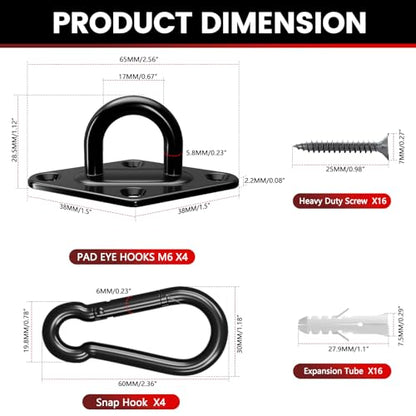 304 Stainless Steel Pad Eye Snap Hook, M6 Ceiling Hook 800Lb,8Pcs | Hanging Kit with Screws for Hammock Chair Swing, Yoga Gym Equipment, Sun Shade Sail, Plant Hangers & Marine Boat Hardware - size: 2.3 inch, style: Black Rhombus