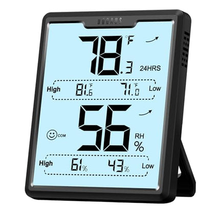 DOQAUS Hygrometer Indoor Thermometer, Humidity Temperature Meter, Black | 3.4in Large LCD Display, Backlight Temp Humidity Monitor with Max Min Records for Home, Bedroom, Baby Room, Greenhouse
