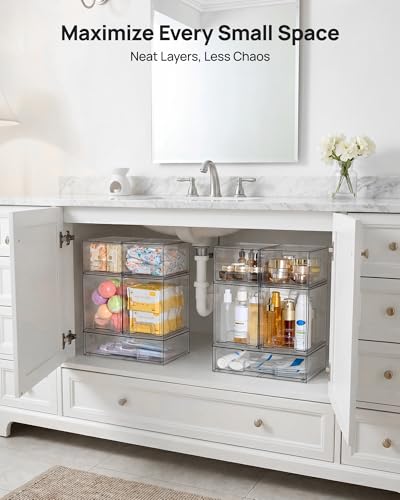 Vtopmart Stackable Storage Drawers Set of 5, Clear Plastic Organizer Bins for Baby Bottle, Beauty Supplies Storage, Ideal for Kichen Countertop, Vanity, Bathroom, Cabinet, Pantry Organization - style: 2 Small+2 High+1 Wide