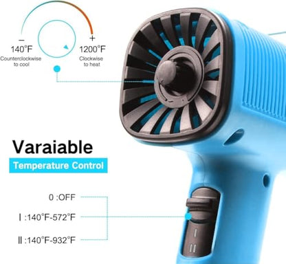LDK Heat Gun 1200W 140℉~932℉ (60℃-500℃) Heavy Duty Hot Air Gun Kit Variable Temperature Control with 2 Temperature Settings 2 Nozzles for Crafts, Shrink Wrapping, Candle Making, Epoxy Resin - color: Blue