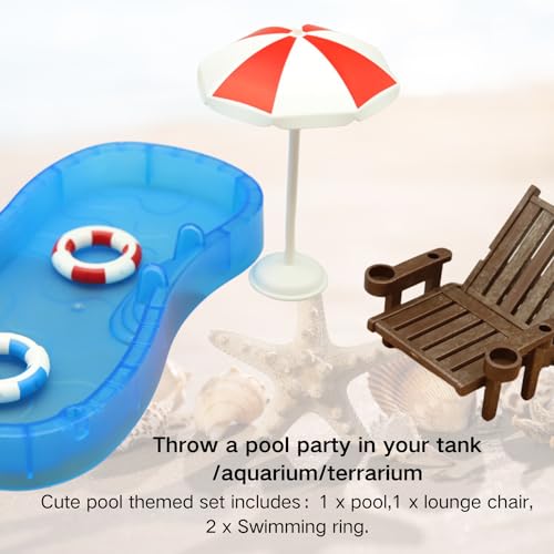 Tree Frog Tank Accessories - Novelty Pool Theme Set Turtle Habitat Decoration Reptile Water Food Bowl for Amphibian Aquatic Frog Toad Lizard Leopard Gecko Hermit Crabs Snake Spider Scorpion (Pool Set)