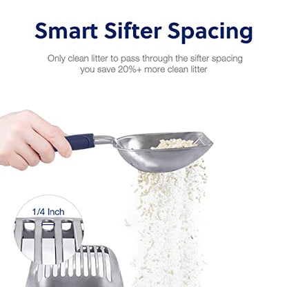 Cat Litter Scoop, Aluminum Alloy Sifter, Kitty Metal Scooper, Deep Shovel, Long Handle, Poop Sifting, Kitten Pooper Lifter, Durable, Heavy Duty, for Litter Box - color: FLAT Aluminum \ #01 Blue Handle, size: Large